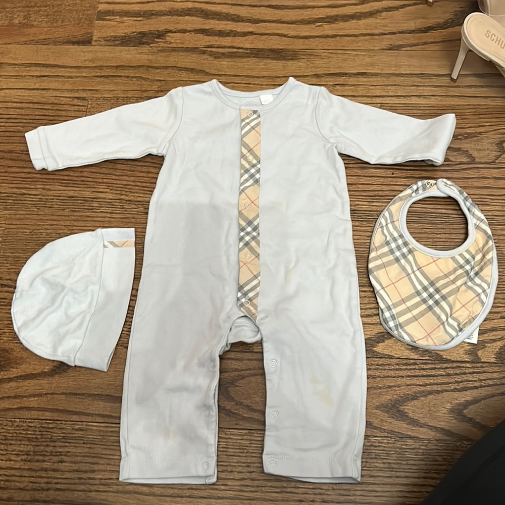 Burberry footsie onsie. 3 pieces. Small stain on onsie. Worn a few times.